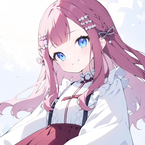 The background is white。Smiling Girl。 I have blue eyes and long, bright maroon hair。The outfit is white and has long sleeves 。 I have small pearl hairpins on my bangs 。 I only wear two hairpins 。