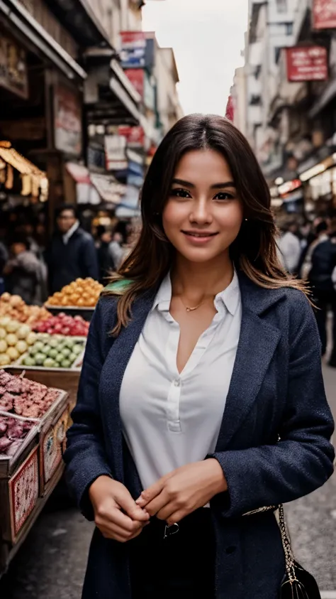 reference woman is standing in front of shops in a crowded and busy market, very realistic,