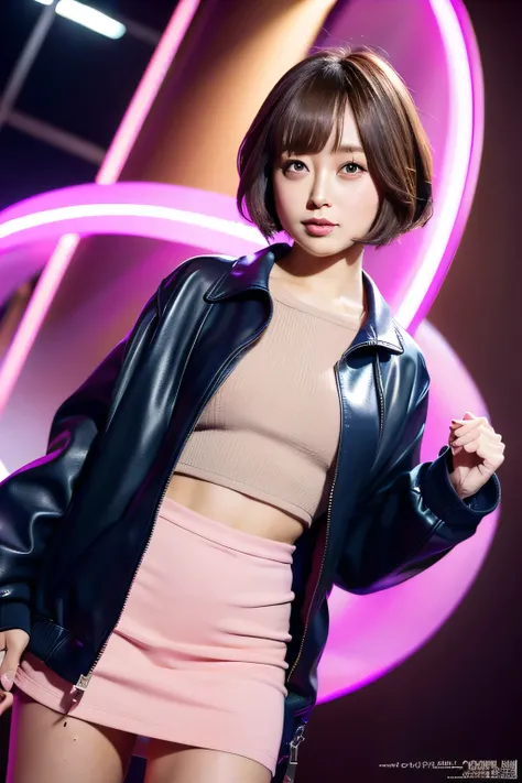  hypnotism teacher ,  Japanese,  Matsui Fumi  ,  light brown hair,  short hair, Very short hair, A constricted bob with a raised lower half, round face, navy blue eyeshadow  ,  black jacket ,  black micro mini skirt,  the body and face are facing the viewe...