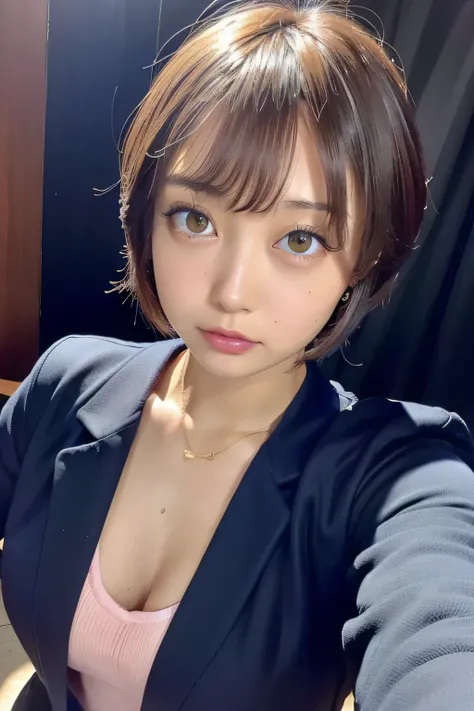  hypnotism teacher ,  Japanese,  Matsui Fumi  ,  light brown hair,  short hair, Very short hair, A constricted bob with a raised lower half, round face, navy blue eyeshadow  ,  black jacket ,  black micro mini skirt,  the body and face are facing the viewe...