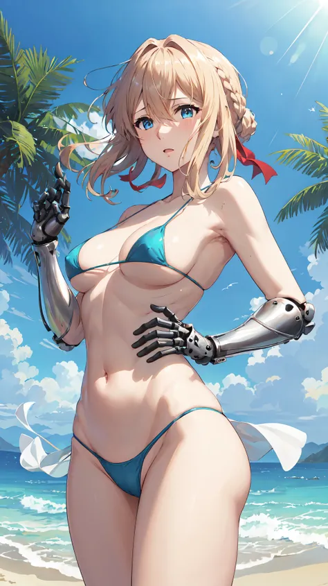 masterpiece, best quality, highres, violet evergarden, braid, hair ribbon, red ribbon, jewelry, mechanical hands, micro blue bikini, medium breasts, nipples bulge, slim and tall body, slim and sexy body, belly, thighs, shinny skin, outdoors, Beach, thewhol...