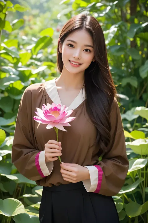 A beautiful young woman standing outdoors in a serene, natural setting. She is dressed in a traditional, elegant brown blouse with long sleeves, exuding simplicity and grace. She holds a vibrant pink lotus flower in her hands, smiling warmly at the camera....