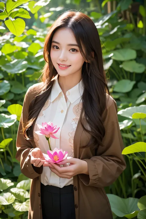 A beautiful young woman standing outdoors in a serene, natural setting. She is dressed in a traditional, elegant brown blouse with long sleeves, exuding simplicity and grace. She holds a vibrant pink lotus flower in her hands, smiling warmly at the camera....