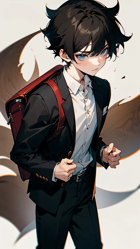 “A 17-year-old Japanese high school student with a determined and serious expression. Kazuma has short black hair, slightly tousled, and sharp, dark brown eyes that reflect his strong will. He wears a typical Japanese high school uniform—a white shirt, bla...