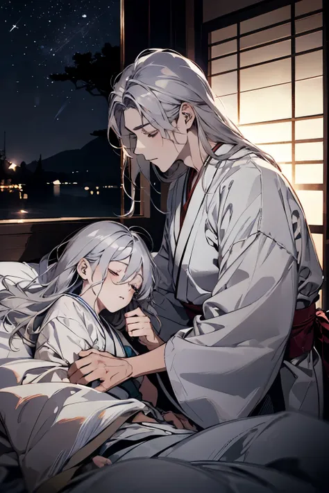 nights
Japanese-style room
dark room

sleep
Suffer
beautiful young man
silver hair
long hair