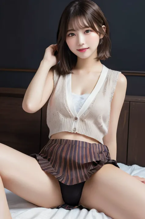 Highest quality, (beautiful)、Super delicate eyes、Brown eyes、22-year-old female、Brown Hair、smile、looking at the camera、Semi-short hair、Gal、cardigan , pretty face, perfect body, small waist and big breasts, slim legs, big breasts, realistic skin, full body i...