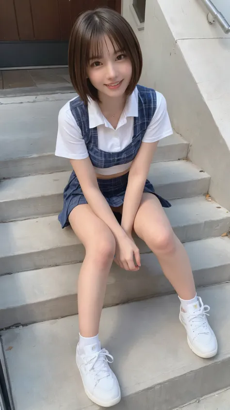 ((  masterpieces during breakfast )),((( top quality))), thin thighs , long legs ,A girl in her first year of high school is sitting on the steps at school, white shirt, Blue and Red Plaid Mini Skirt :1.5, Best Smile ,Short-haired blonde:1.5， wears sneaker...