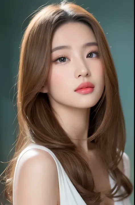 (( is the best quality, 8K, masterpiece :1.3)),  focus clearly :1.2, ((24-year-old woman)), ( sexy korean model). (Sexy Barbie)  body. .  skinny . slim. charming. Makeup face. ORANGE LIPSTICK . Eye details. Double eyelids. Mascara. (( long layered hairstyl...