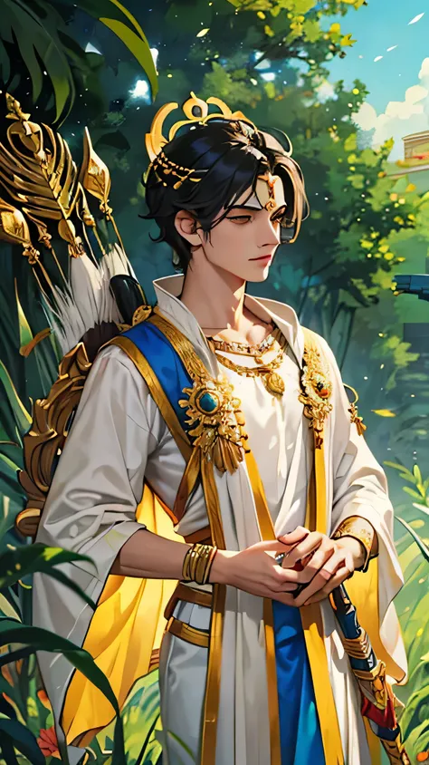 Illustrate Lord Rama, the central figure of the Ramayana, as an embodiment of virtue and divine grace. Depict him as a handsome and serene young prince, wearing regal yet modest attire in shades of royal blue and gold. He stands tall with a radiant aura, h...