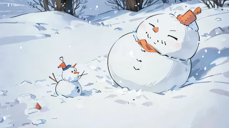 masterpicece, best quaility, snow field, one big snowman, one small snowman, wearing a scarf, carrot nose,  wearing 
soft hat, close-up, snowing, fairytale-like atmosphere, landscape 