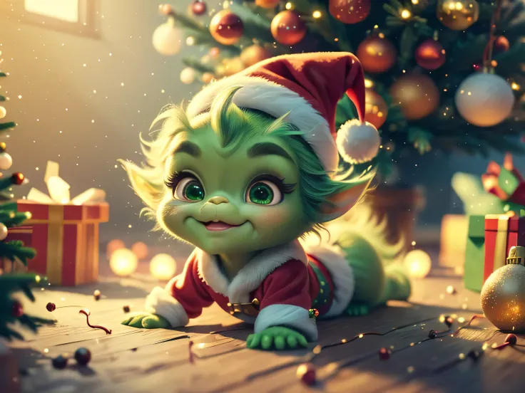 (Best Quality, Super Detail, Masterpiece, Representative Work, Official Art, Professional, Super High Detail, 8k:1.3), (Full Body) Very cute baby Grinch crawling around with other baby Grinches, they all have Santa outfits on, one has a sign saying Where i...