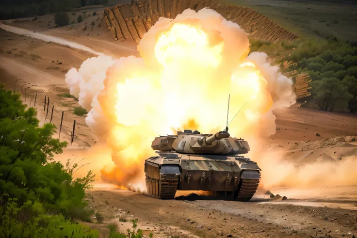 there iS a  vehicle driving down a dirt road, ,  armored vehicles are flowing through this land , Armored Division, futuriStic  iS on fire, S, m 1 abramS , author：Richard Carline, ,  photography, impeccable  compoSure,  claSS, maSSive , by Juergen von Huen...