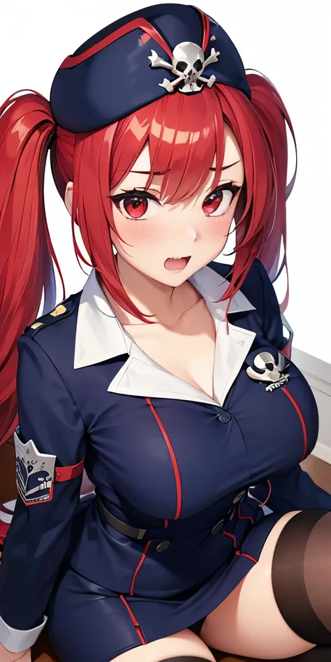 1 Female,High definition,high resolution,Ultra-realistic,8K, 1girl, solo, red hair, red eyes, twintails, employee uniform, pencil skirt, skull print, navy cap, fang, black legwear, white gloves, large breasts,European,sexy,Upper body close-up,Photographed ...