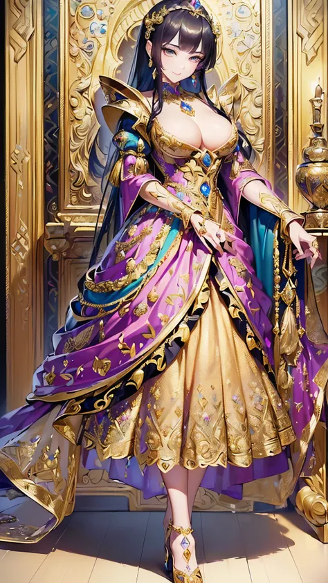 (( top quality)),( super high resolution),( super detailed),( detailed description ),(( best CG )),( Best Artwork ),Ultra-detailed art, Amazing Painted Art ,( Fine Details:1.5), (A noblewoman in a fancy jeweled dress depicted in fine detail:1.5),gold line ...