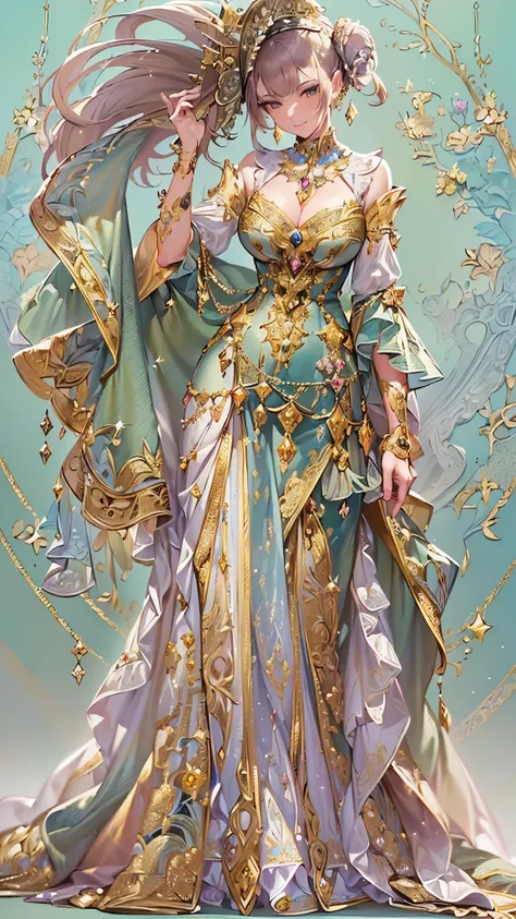 (( top quality)),( super high resolution),( super detailed),( detailed description ),(( best CG )),( Best Artwork ),Ultra-detailed art, Amazing Painted Art ,( Fine Details:1.5), (A noblewoman in a fancy jeweled dress depicted in fine detail:1.5),gold line ...