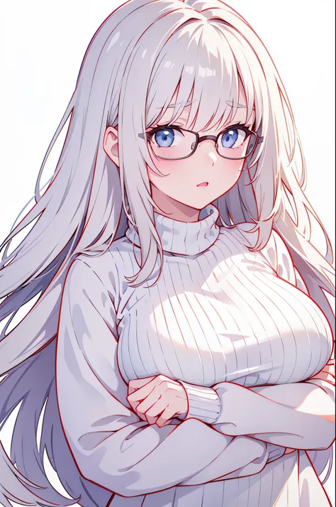 1girl, pofile picture, selfie, big , white background, hd, epic, 4k, whiteturtleneck sweater, glasses, milf, need hug, sad