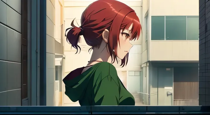 anime girl with red hair and green shirt standing in front of a building, makoto, profile shot of rimuru tempest, shinkai makoto, close up iwakura lain, rin, female anime character, in the anime film, screenshot from a 2012s anime, tsubasa nakais style, cl...