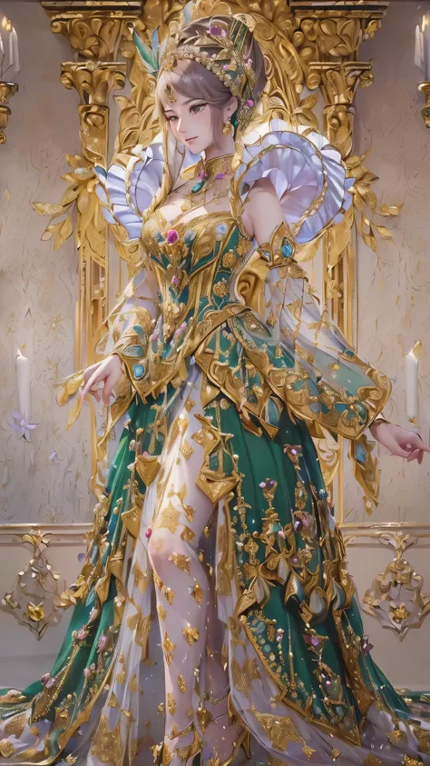 (( top quality)),( super high resolution),( super detailed),( detailed description ),(( best CG )),( Best Artwork ),Ultra-detailed art, Amazing Painted Art ,( Fine Details:1.5), (A noblewoman in a fancy jeweled dress depicted in fine detail:1.5),gold line ...