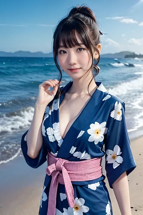 Japanese、Age 25、younger sister、Randomly generated people with diverse facial features and hairstyles、Perfect Anatomy,Ocean、Beach, Night Sky, yukata, natural breast, high ponytail