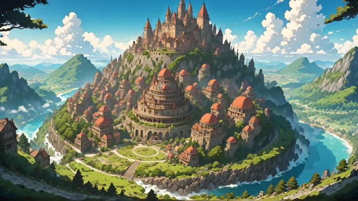 (masterpiece, super detailed, top quality, clear focus, dramatic scenes, cinematic), (super high resolution, 8K), (cartoon style illustrations reminiscent of Hayao Miyazaki, Japanese 2D animation: 1.3), perfect landscape, perfect overhead distant view, per...