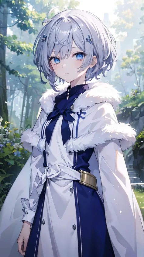  top quality, girl、 Silver Hair、(Whitening skin)、 sky blue eyes、 very short hair,Short Hair, straight hair、Petite、、 slender, Himeji Knight,Cape,fur, slender、forest,Snow Scene, boyish,