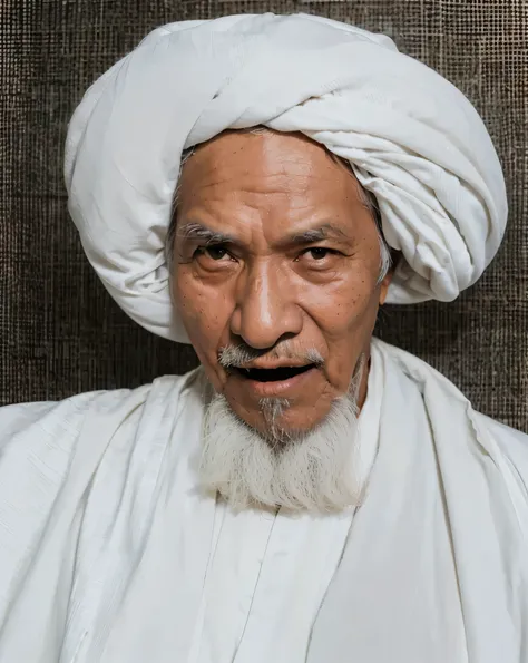 Old Indonesian man with white beard, wearing a white turban and old arabic robe, neat, focuson, soft color, realistic, 8k