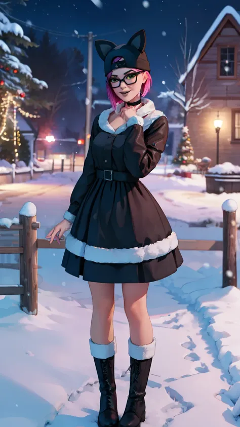 1 girl, black lips, choker, (masterpiece) dark sky, stars in the sky (forest Night) (best quality) ,(alone), looking at viewer, relaxing pose,  high detailed, extremely detailed, fine green eyes,winter boots, Christmas dress, Christmas hat , mischievous sm...