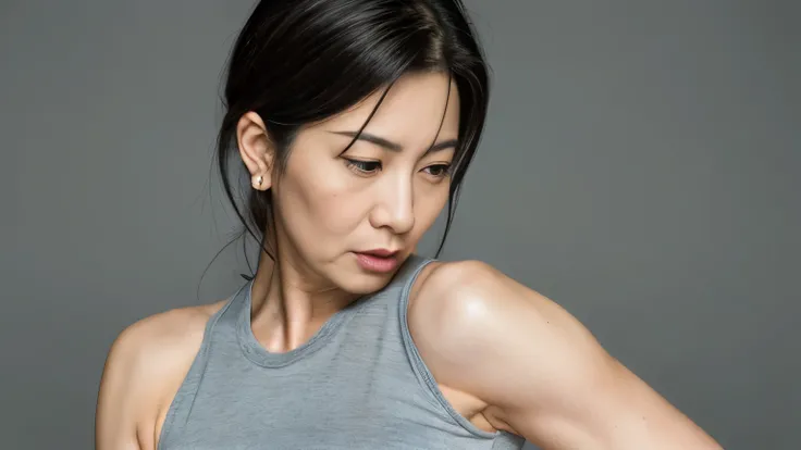 ( close:1.1,  Portraits), ( 1 Japanese Mature Woman ), (Alone), 40 years old, (( perfect anatomy )),(( Plump )), flat color background, gravure,((Sweat tank top)),   top quality,  ultra detail ,  Photorealistic,  Ultra-detailed skin , (( Watch viewers:1.3)...