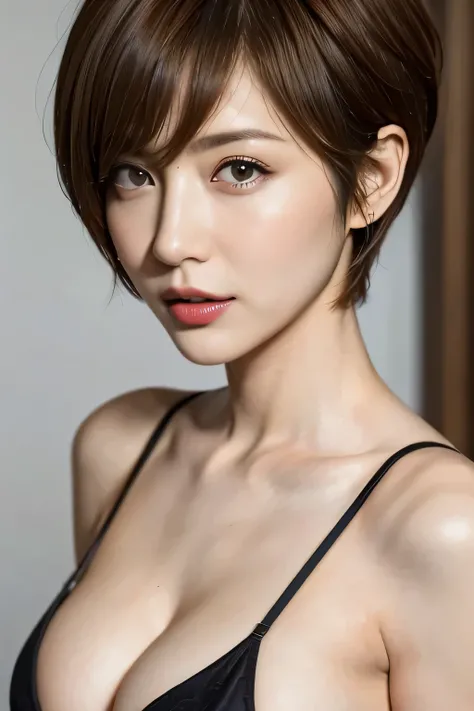  very detailed,  masterpieces during breakfast ,  top quality,  Photorealistic,  tall and thin, detailed face ,  Beautiful Eyes ,Very sensual face,  sensual red thick lips , ( facing forward),  beautiful body, (( light brown hair 、 short hair、 pixie cut、Ce...