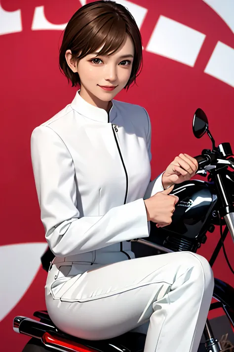  straddles motorcycles、 short hair 、smile、Long sleeves and long trousers、white collar leather suit