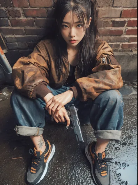 8k,  Photorealistic、Aerial shot from above、 Realistic Skin Texture 、、 beautiful Japanese woman living in America 、 with long hair tied 、 stains、 looking at me with a handgun in her hand 、 sitting in the back alley 、Brick wall、Age 30、 is tired、 worn out and...