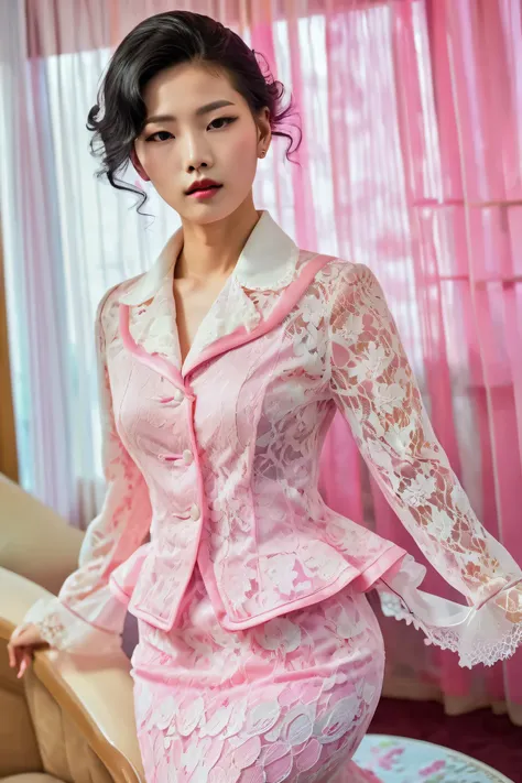 A Korean man in ladies vintage suit dress, he is crossdresser, big breasts like a woman, slender female body, His hairstyle is short and manly, white and pink, long sleeves, lace and frills, cropped jacket, silk, mermaid dress