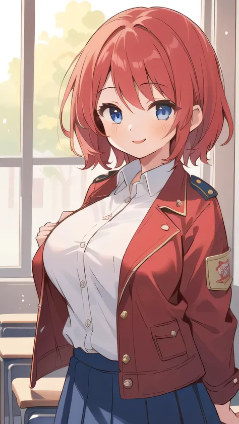 (1girl:1.7), (little female :1.6), ((loli:1.4)) ， ,(very short height:1.5), (red hair:1.3), blue eyes, droopy eyes, (red jacket:1.3), long sleeves, (navy skirt:1.2), (super big breasts:1.5), (medium hair: 1), baggy clothes,young face, short height, , shy A...