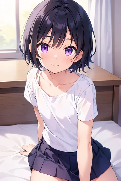  elementary school  toddler flat chest black hair 　 Wavy Short Hair　 purple eyes　smile（（One person））　 black short sleeve t-shirt　 navy blue mini skirt that holds the hem　 white panties　（（ Panties Visible ）） girls room　 sitting on the bed　Upper Body Center　...