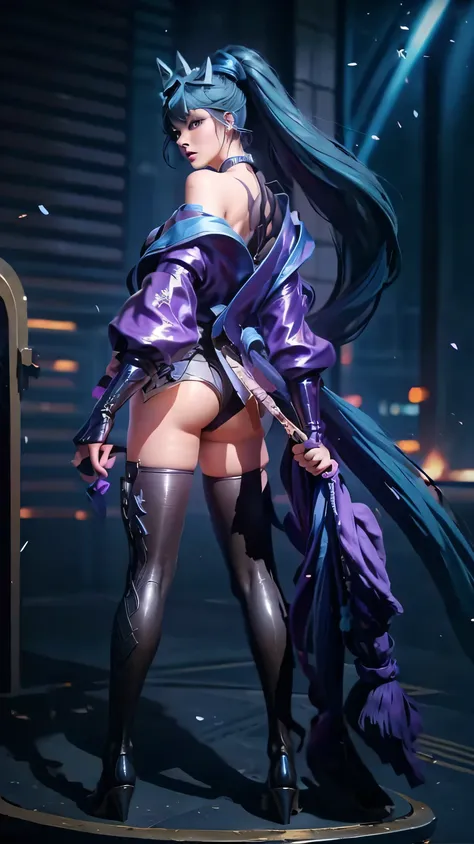 1girl, solo, long hair, slim navel, large breasts, big ass, looking away from viewer, bangs, blue eyes, ponytail, blue hair, very long hair, mask on head, fox mask, ninja, simple background, thighhighs, bare shoulders, jewelry, standing, jacket, earrings, ...