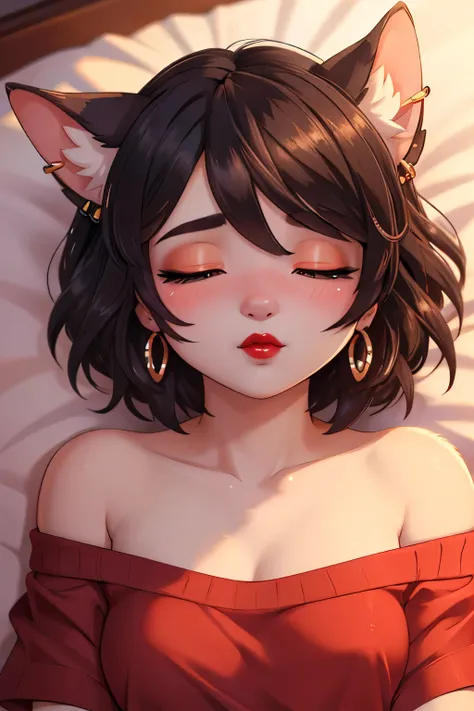 High Resolution, Accurate, Anatomically Correct, Best Quality, Detail, HD, High Details, High Quality, Super Detailed, Textured Skin, Short Hair, Black Hair, Braid, Breasts, Earrings, Blush, Parted Lips, Makeup, Nose Blush, Heavy Breathing, Light Blush, Gl...