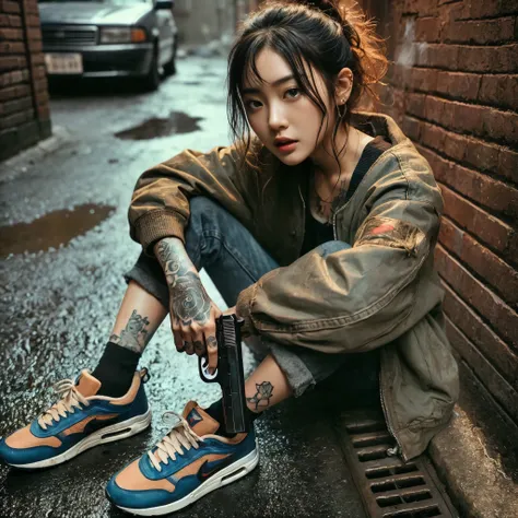 8k,  Photorealistic、Aerial shot from above、 Realistic Skin Texture 、、 beautiful Japanese woman living in America 、 with long hair tied 、 stains、 looking at me with a handgun in her hand 、 sitting in the back alley 、Brick wall、Age 30、 is tired、 worn out and...