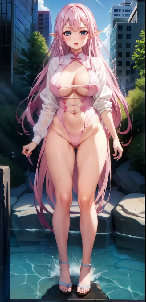 wife，  big breasts  ， bare torso ,    long pink hair，Elf ears，outcrop，cheongsam，纹胸，Big thighs ，Wet，Water Drops。Aho