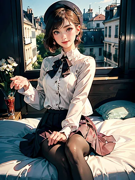 Top quality, 8K, Masterpiece: 1.3, perfect style, (world famous beauty), (elegant eyebrow), (natural eyelid), (female slim eyes), (female smaller nose), (light-pink lips), small elegant ear accessory, skin shadow, dark background, flushed, stylish beret o...
