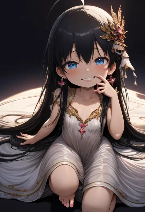 detailxl, SimplePositiveXLv2, close up, POV, dark ray, 1 very young girl, loli, (mesugaki:1.1), long hair, dress, solo, hair ornament, (beautiful and detailed very long white dress, silk dress, soft dress:1.11), (best dress wrinkle, best shadow, best detai...