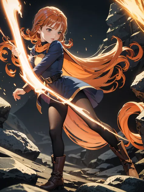 1 girl、 high definition 、 Masterpiece  、(Arena - DQ4、dq4-Arena、 orange straight hair)、  short、 thin thighs 、Thin legs、 small shoulders 、slender、Muscular、(bedroom)、( have 、 dress、Cape、belt、 black tights、 leather boots)、Night Forest、Attack with kick 、 actio...