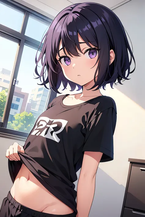  elementary school  toddler flat chest black hair 　 Wavy Short Hair　 purple eyes　（（One person））　 Upper Body Oversized Black Short Sleeve Tee　Lower Body Grey Panties 　（（ Panties Visible ）） girls room　 standing　Upper Body Center　 dynamic angle 　 low angle