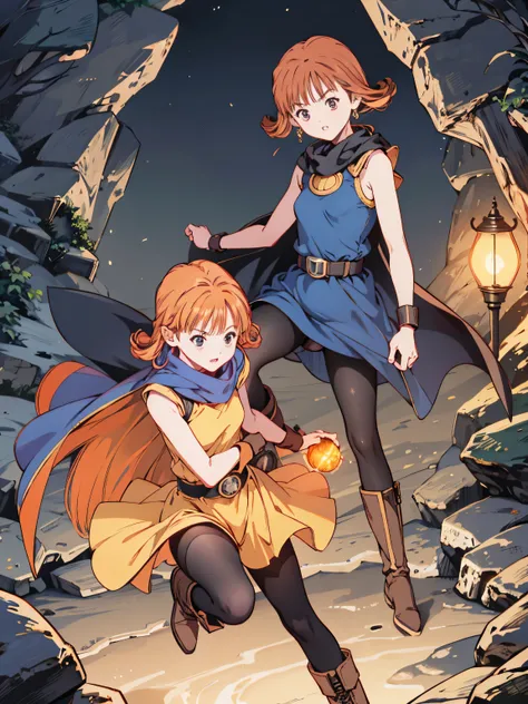  1 girl、 high definition 、  masterpieces during breakfast 、(Arena - DQ4、dq4-Arena、 orange straight hair)、  short、 thin thighs 、Thin legs、 small shoulders 、slender、Muscular、(bedroom)、( have 、 dress、Cape、belt、 black tights、 leather boots)、Night Forest、Attack...