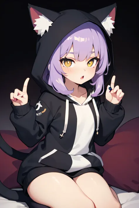 Beautiful cat girl,  purple long hair , yellow eyes with a white star in the pupils, dark hoodie with purple parts 