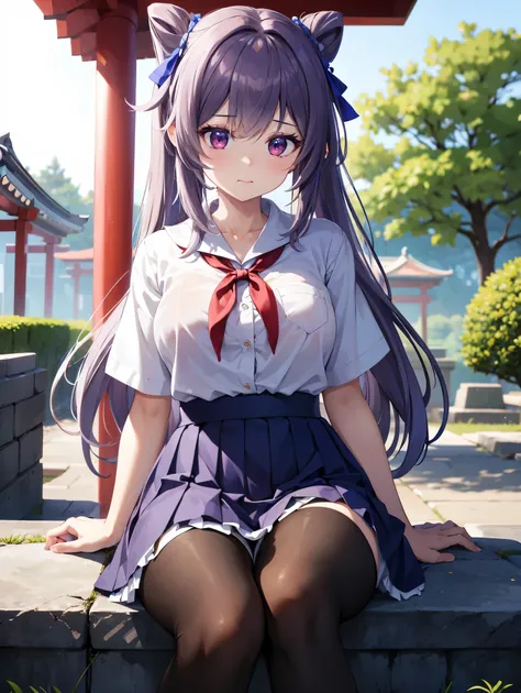 (( top quality)), ( high definition ), (( very detailed ))、(masterpiece)、A shrine maiden with disheveled, mature hair 、Im wearing a transparent school uniform and cute transparent panties、(６０Im wearing denier tights)、(She is sitting on the stone wall of a ...