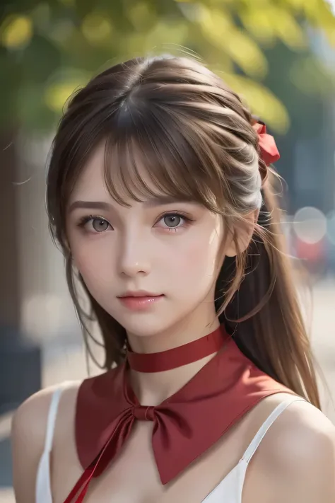 Life s, brown hair, white skin, Realistic, Long hair tied with a red ribbon, Light brown eyes, Red Dress, 8K images, Realistic human skin, image of a real grabbing a collar,
