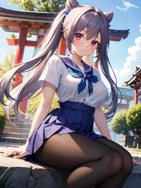 (( top quality)), ( high definition ), (( very detailed ))、(masterpiece)、A shrine maiden with disheveled, mature hair 、Im wearing a transparent school uniform and cute transparent panties、(６０Im wearing denier tights)、(She is sitting on the stone wall of a ...