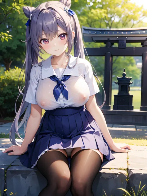 (( top quality)), ( high definition ), (( very detailed ))、(masterpiece)、A shrine maiden with disheveled, mature hair 、Im wearing a transparent school uniform and cute transparent panties、(６０Im wearing denier tights)、(She is sitting on the stone wall of a ...