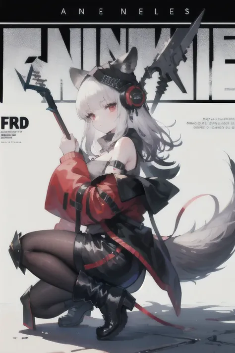 1girl,excellent lighting, sidelighting,(curvy:1.2),origin, 1girl, solo, pantyhose, boots, tail, long hair, black footwear, looking at viewer, off shoulder, red jacket, knee pads, fox tail, from side, off-shoulder grey shirt, bare shoulders, grey shirt, fox...