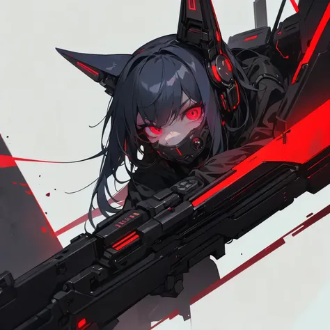 Hair: Long, dark blue-gray, slightly messy, metallic sheen.
Headgear: Mechanical cat-ear-like attachments, futuristic cyber-enhanced.
Eyes: Bright red, piercing, intense gaze.
Mask: Black metallic, intricate design, glowing red lights, ventilation grooves....